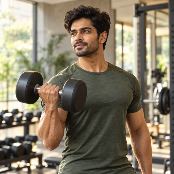 Indian man training with a dumbbell