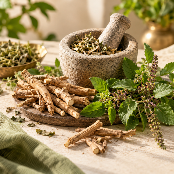 Botanical roots and fresh leaves beside a stone mortar