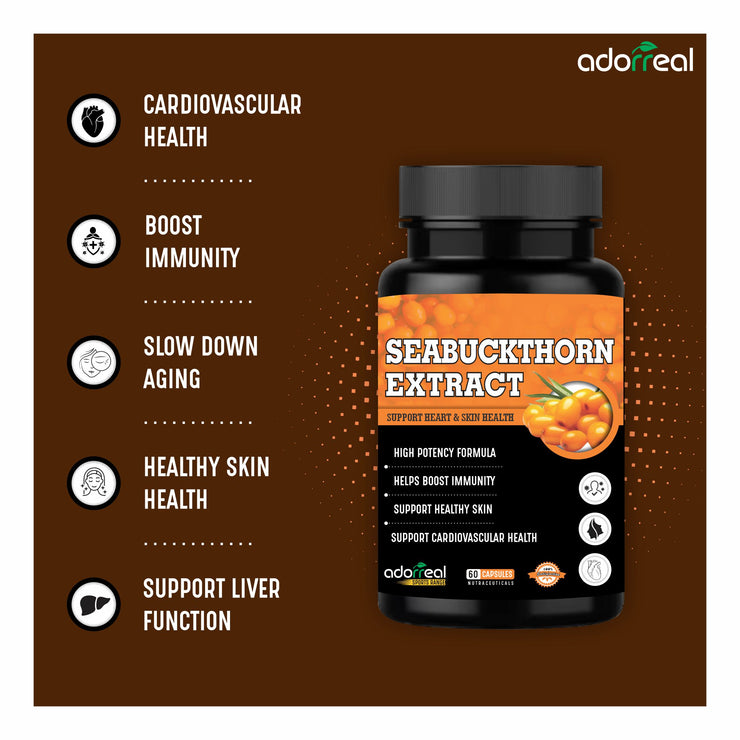 Adorreal Sea Buckthorn Extract  Rich in Omega-7, Antioxidants & Vitamin C Skin, Immunity & Heart Health Support-60 Capsules
