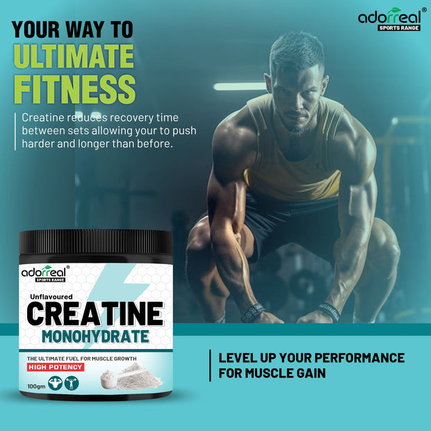 Adorreal Creatine Monohydrate Powder 100g | Micronized for Better Absorption | Supports Muscle Strength, Power & Performance | Pure, Unflavored, Lab-Tested | Non-GMO, No Additives
