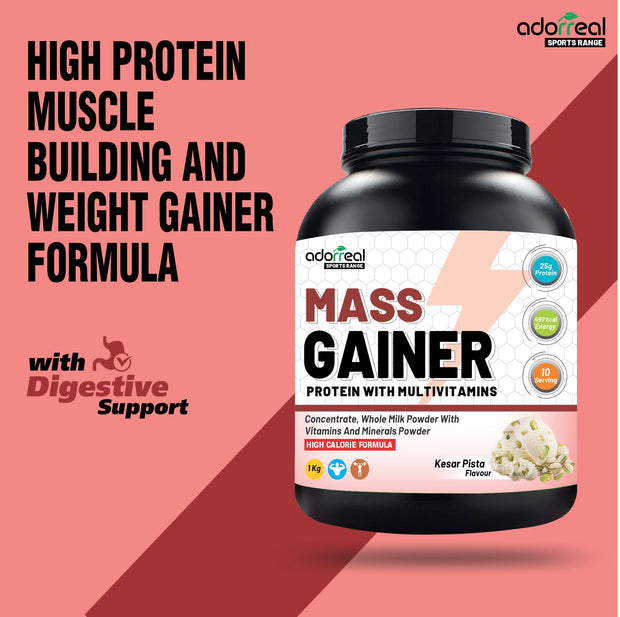 Adorreal Mass Gainer Powder 1kg | High-Calorie Protein Supplement for Muscle Growth & Weight Gain | Balanced Carbs & Protein | Non-GMO, Gluten-Free, No Artificial Additives | Lab-Tested for Quality