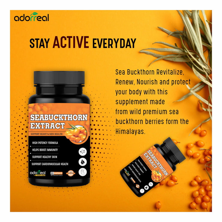 Adorreal Sea Buckthorn Extract  Rich in Omega-7, Antioxidants & Vitamin C Skin, Immunity & Heart Health Support-60 Capsules