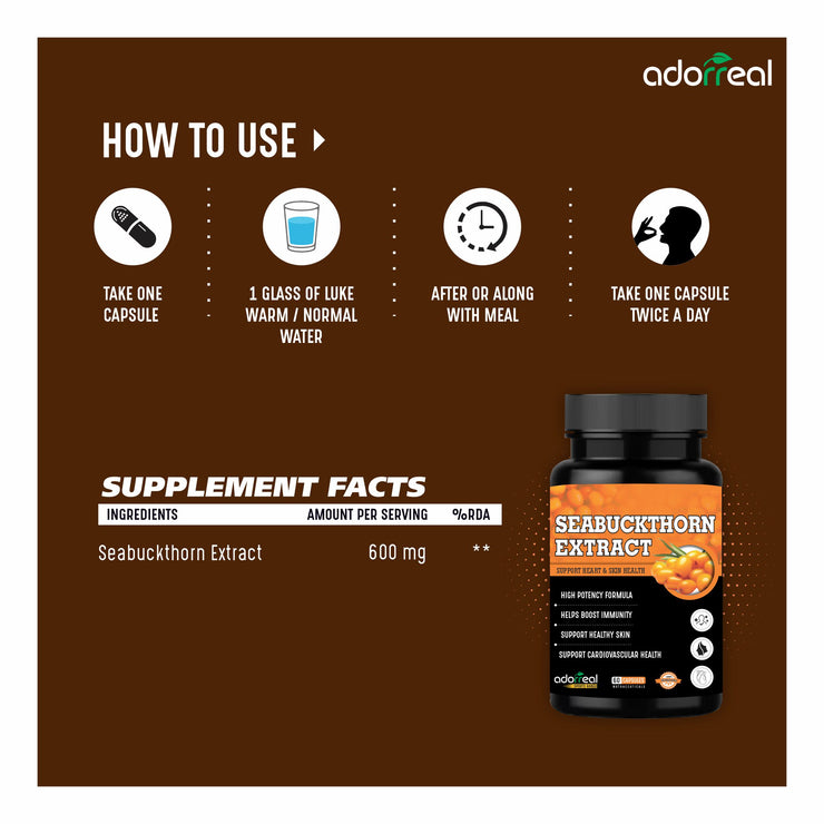 Adorreal Sea Buckthorn Extract  Rich in Omega-7, Antioxidants & Vitamin C Skin, Immunity & Heart Health Support-60 Capsules