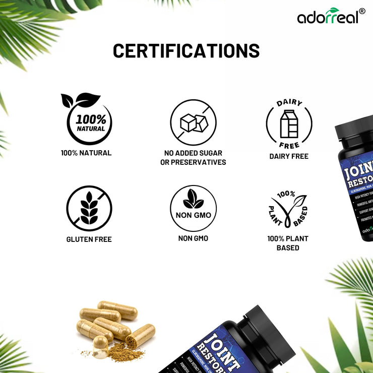 Adorreal Joint Restore with Glucosamine, Chondroitin, MSM, Boswellia, Curcumin & Hyaluronic Acid – Joint Pain Relief & Mobility Support – 60 Capsules