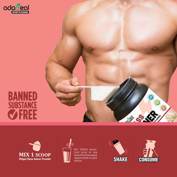 Adorreal Mass Gainer Powder 1kg | High-Calorie Protein Supplement for Muscle Growth & Weight Gain | Balanced Carbs & Protein | Non-GMO, Gluten-Free, No Artificial Additives | Lab-Tested for Quality