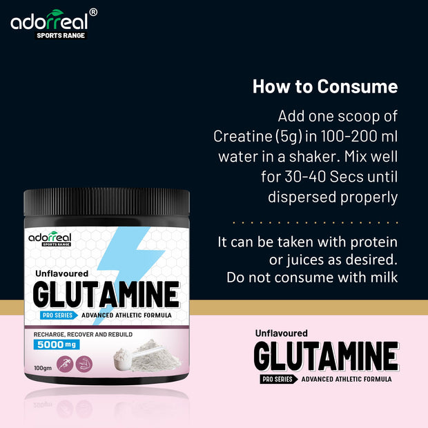 Adorreal L-Glutamine Powder 100g | Pure Micronized Amino Acid for Muscle Recovery, Gut Health & Immune Support | Unflavored, Non-GMO, Gluten-Free | Lab-Tested for Purity