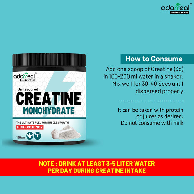 Adorreal Creatine Monohydrate Powder 100g | Micronized for Better Absorption | Supports Muscle Strength, Power & Performance | Pure, Unflavored, Lab-Tested | Non-GMO, No Additives