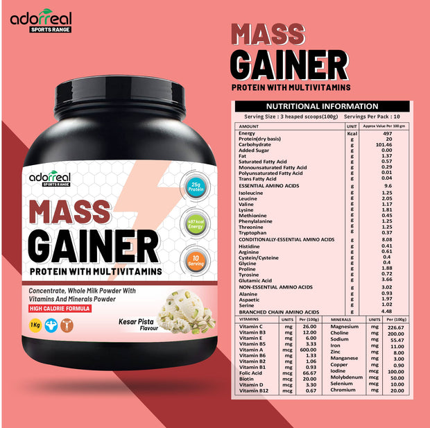 Adorreal Mass Gainer Powder 1kg | High-Calorie Protein Supplement for Muscle Growth & Weight Gain | Balanced Carbs & Protein | Non-GMO, Gluten-Free, No Artificial Additives | Lab-Tested for Quality