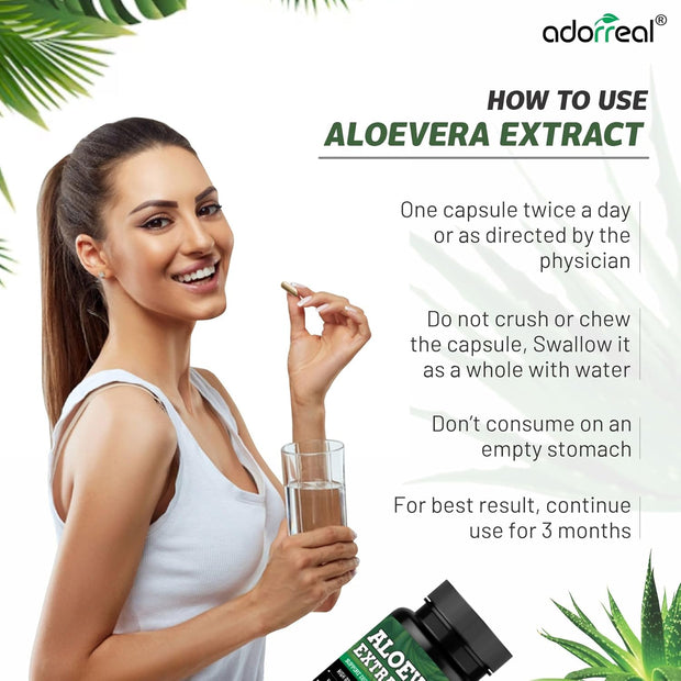 Adorreal Aloe Vera Capsules – 600mg Pure Aloe barbadensis Miller Extract – Supports Skin Health, Digestion & Detox – 60 Veg Capsules