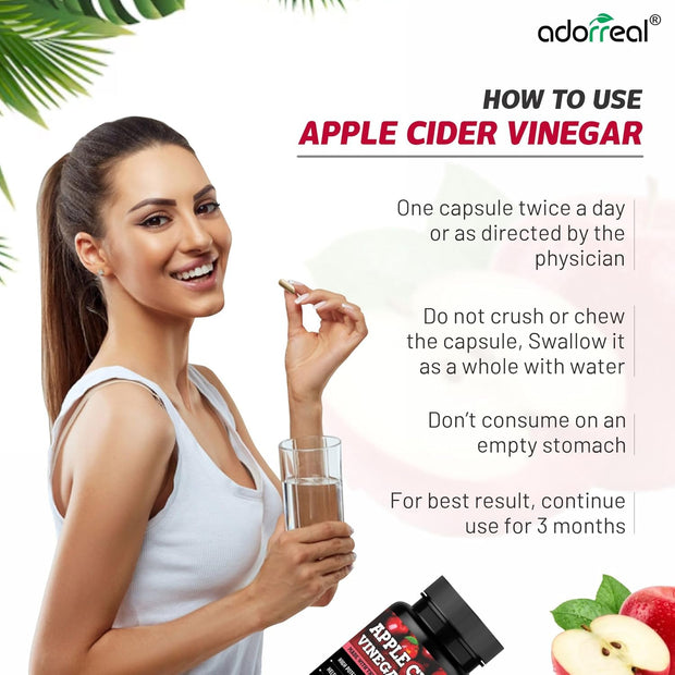 Adorreal Apple Cider Vinegar Capsules – 1500mg ACV Powder with Mother – Detox, Digestion & Weight Management Support – 60 Veg Capsules
