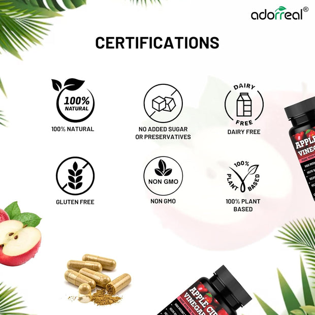 Adorreal Apple Cider Vinegar Capsules – 1500mg ACV Powder with Mother – Detox, Digestion & Weight Management Support – 60 Veg Capsules