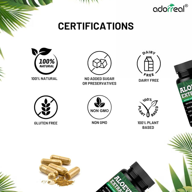 Adorreal Aloe Vera Capsules – 600mg Pure Aloe barbadensis Miller Extract – Supports Skin Health, Digestion & Detox – 60 Veg Capsules
