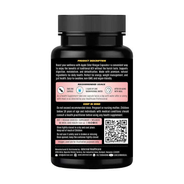 Adorreal Apple Cider Vinegar Capsules – 1500mg ACV Powder with Mother – Detox, Digestion & Weight Management Support – 60 Veg Capsules