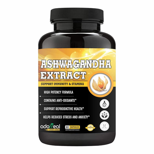 Adorreal Ashwagandha Capsules – 1000mg Withania Somnifera Extract – Natural Stress Relief, Energy & Stamina Booster – 60 Veg Capsules