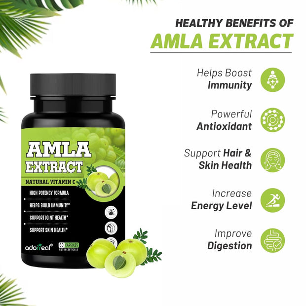 Adooreal Amla 600mg – Powerful Antioxidant & Immune Support – Rich in Vitamin C, Supports Skin Health, Hair Growth & Detox – Vegan, Non-GMO, 60 Capsules
