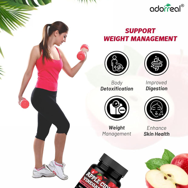 Adorreal Apple Cider Vinegar Capsules – 1500mg ACV Powder with Mother – Detox, Digestion & Weight Management Support – 60 Veg Capsules