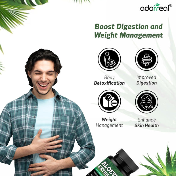 Adorreal Aloe Vera Capsules – 600mg Pure Aloe barbadensis Miller Extract – Supports Skin Health, Digestion & Detox – 60 Veg Capsules