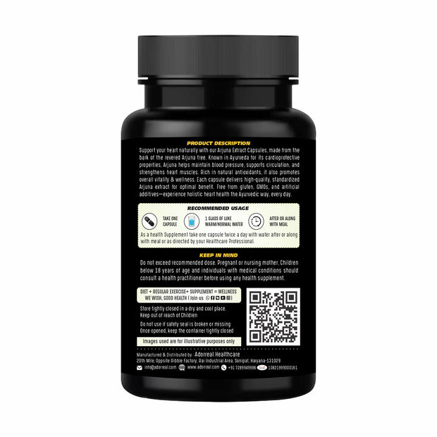Adorreal Arjuna 600mg – Supports Heart Health, Blood Pressure & Circulation – Antioxidant-Rich Superfruit – Vegan, Non-GMO, 60 Capsules