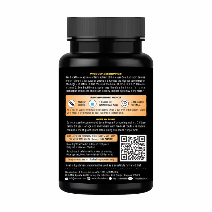 Adorreal Sea Buckthorn Extract  Rich in Omega-7, Antioxidants & Vitamin C Skin, Immunity & Heart Health Support-60 Capsules