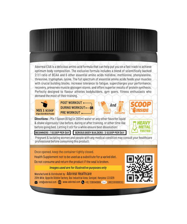 Adrreal EAA Powder 200g | Essential Amino Acids Supplement for Muscle Recovery, Endurance & Hydration | Includes BCAAs | Unflavored, Non-GMO, Gluten-Free | Lab-Tested for Purity