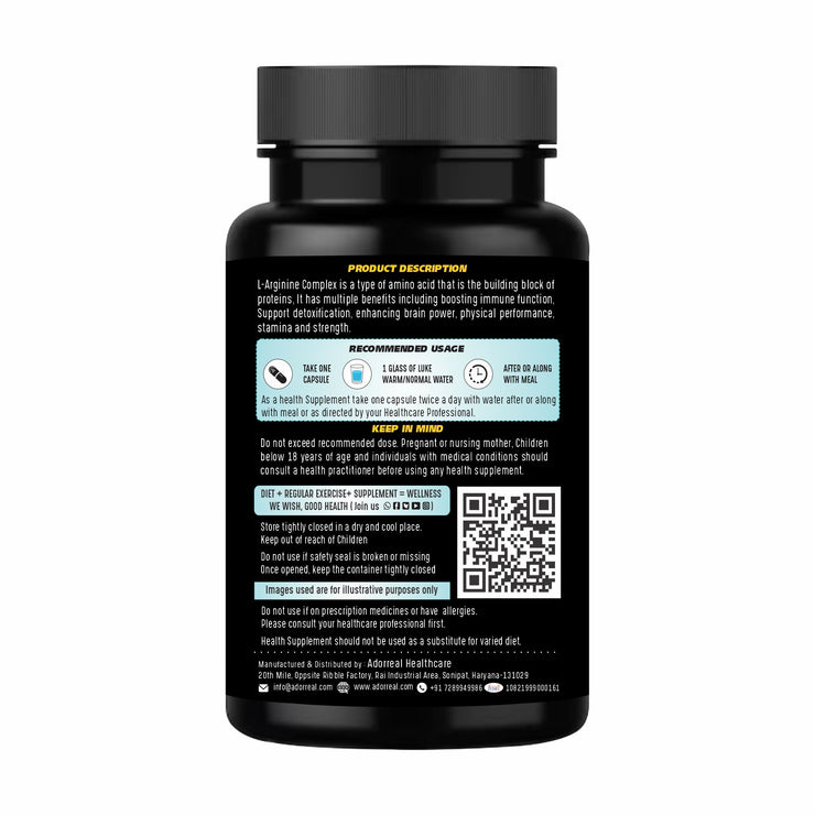 L Arginine , Nitric Oxide Complex Supplement for Muscle Growth, Stamina| 60 capsules