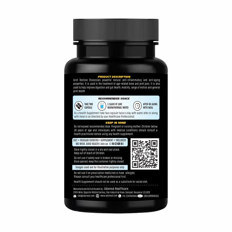 Adorreal Joint Restore with Glucosamine, Chondroitin, MSM, Boswellia, Curcumin & Hyaluronic Acid – Joint Pain Relief & Mobility Support – 60 Capsules