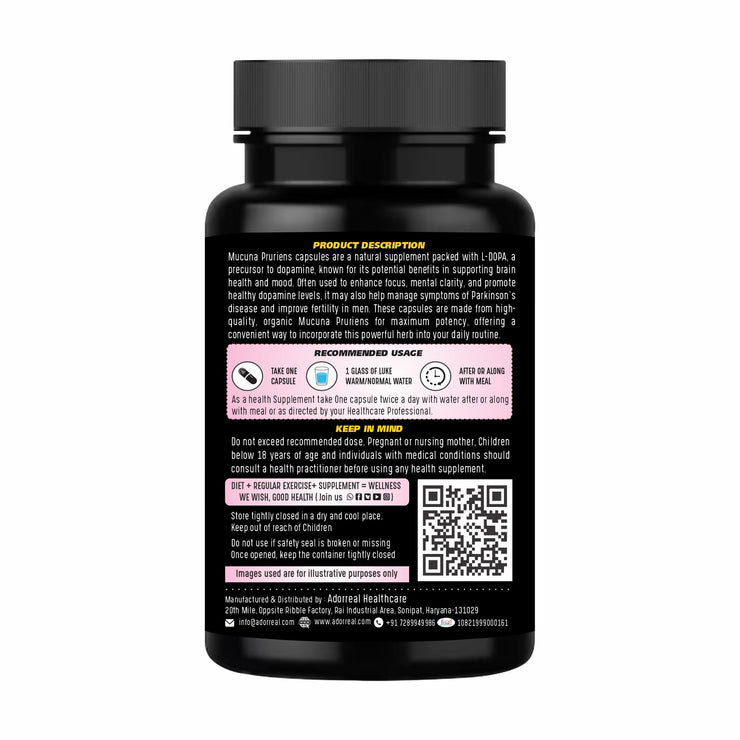 Adorreal Mucuna Pruriens Kaunch Beej Extrac– Natural L-DOPA Source – Supports Mood, Vitality & Testosterone – 60  Capsules
