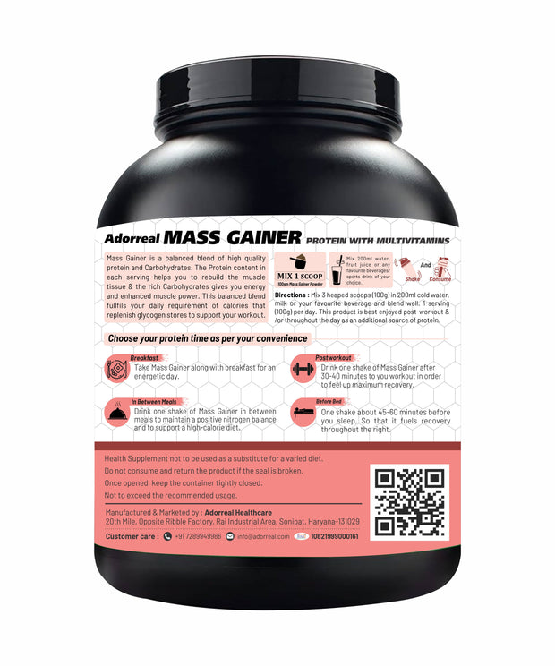 Adorreal Mass Gainer Powder 1kg | High-Calorie Protein Supplement for Muscle Growth & Weight Gain | Balanced Carbs & Protein | Non-GMO, Gluten-Free, No Artificial Additives | Lab-Tested for Quality