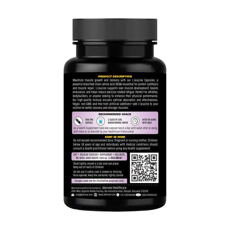 Adorreal L-Leucine Amino Acid Supplement, 60 Capsules, High Potency Formula for Muscle Health and Recovery