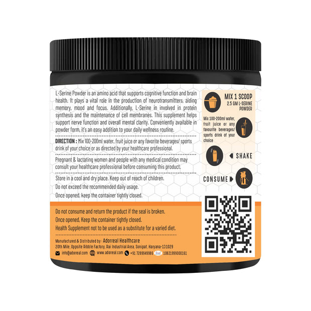 Adorreal L-Serine Powder | Pure Amino Acid Supplement | Supports Brain Health, Cognitive Function & Nerve Support | Non-GMO, Gluten-Free | 100g | Lab-Tested for Purity