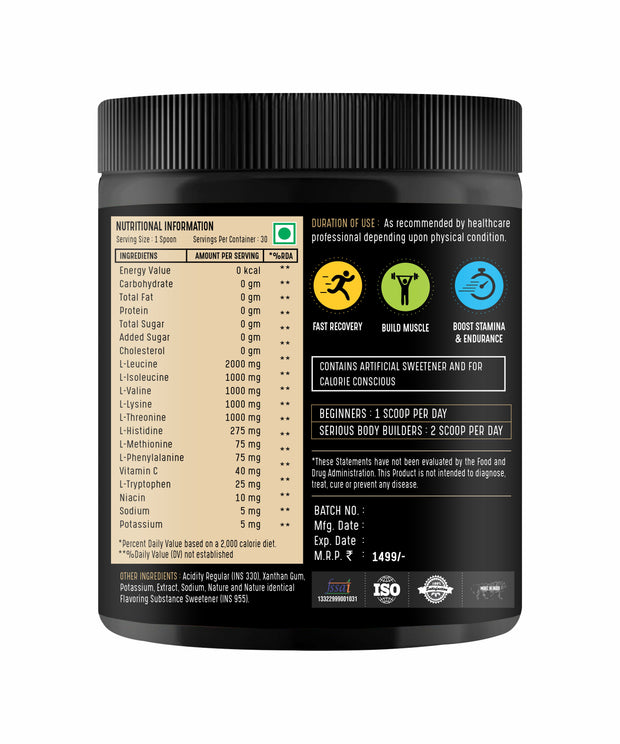 EAAs-BCAA Energy Drink for Workout | Pre/Post Workout Supplement | Recovery | Muscle Protein Synthesis | EAAs-BCAA, All 9 Essential Amino Acids  250gm