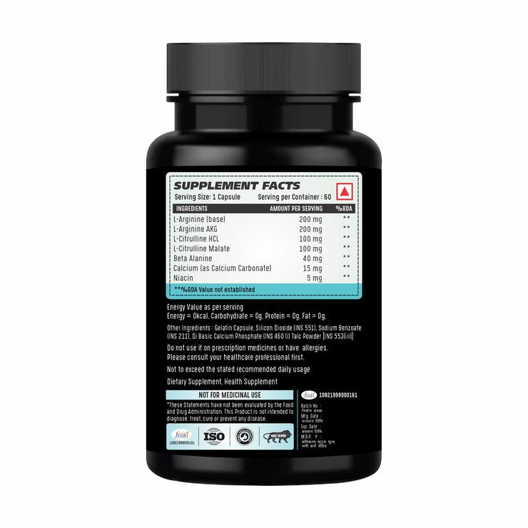 L Arginine , Nitric Oxide Complex Supplement for Muscle Growth, Stamina| 60 capsules