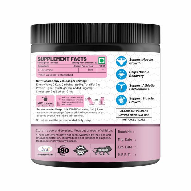 Adorreal L-Glutamine Powder 100g | Pure Micronized Amino Acid for Muscle Recovery, Gut Health & Immune Support | Unflavored, Non-GMO, Gluten-Free | Lab-Tested for Purity