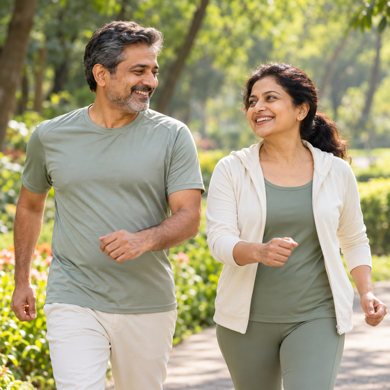 Active couple walking together outdoors
