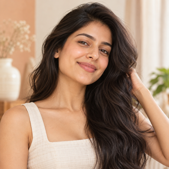 Woman with long dark hair in warm natural light