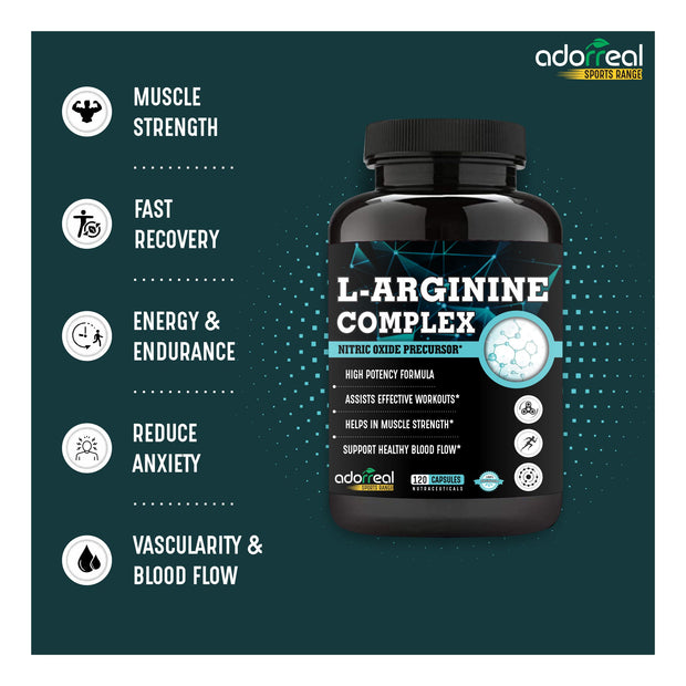 L Arginine , Nitric Oxide Complex Supplement for Muscle Growth, Stamina| 120 capsules