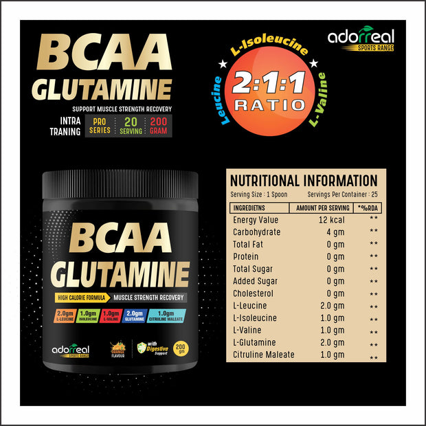 BCAA with Glutamine For Muscle Recovery & Endurance BCAA Powder, 10 Grams of Amino Acids, Keto Friendly, Caffeine Free-250gms